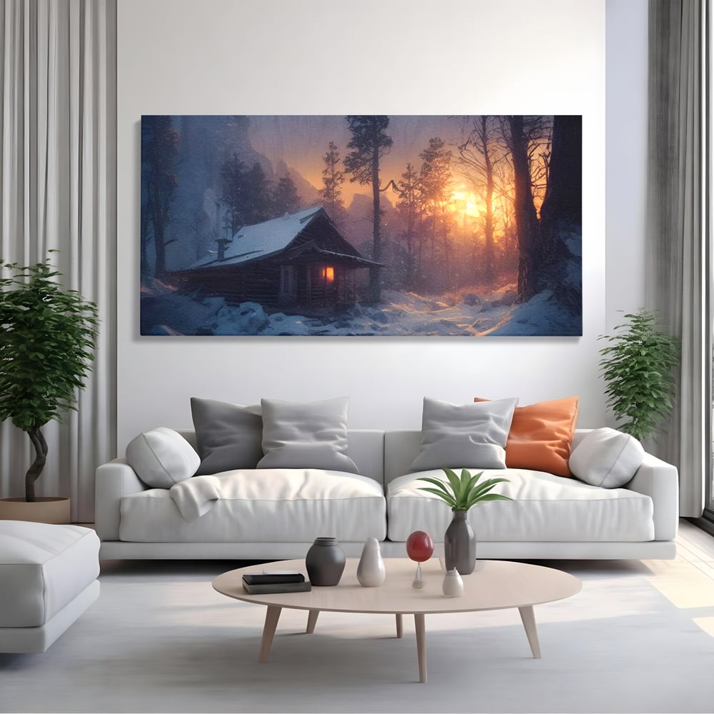 Tablou canvas cu tablou canvas cu cabana inzapezita, fara rama, pe sasiu de lemn, pe perete intr-un living
